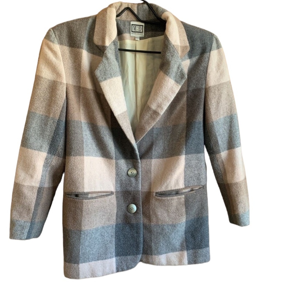 VINTAGE 80s/90s Matter of Degrees Plaid Wool Blend Blazer Check Pink Grey